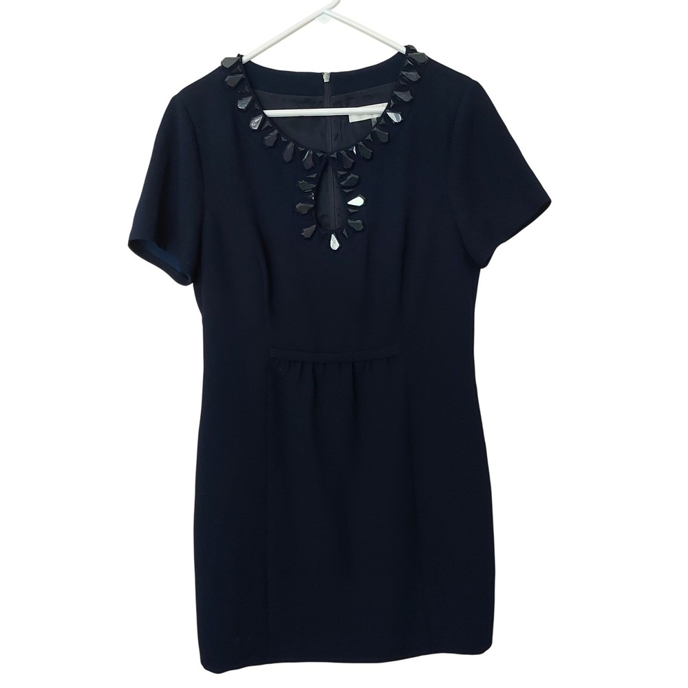 Trina Turk Navy Blue Beaded Neckline Lace Trim Sheath Dress Wedding Cocktail 12